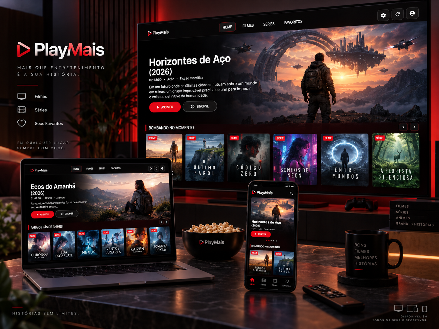 Plataforma PlayMais em televisão, notebook e celular