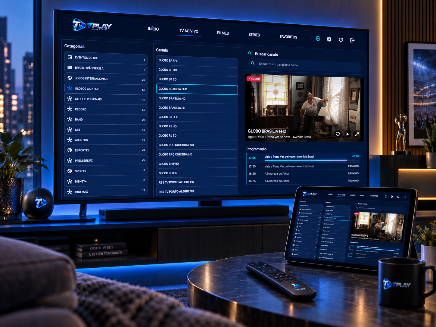 Interface do TPLAY em televisão e tablet